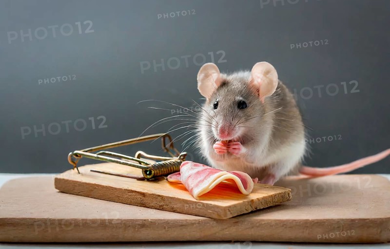 Pest, a mouse sits next to a mousetrap and eats, AI generated, AI generated