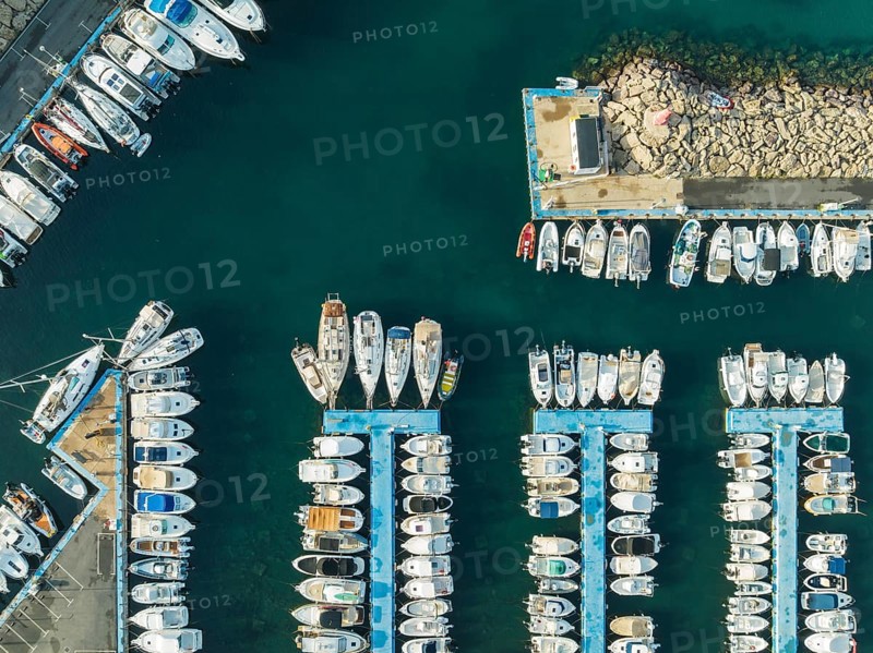 Wharves at the marina of San José. Aerial view. Drone shot. Nature Reserve Cabo de Gata-Nijar, Almería province, Andalusia, Spain, Europe