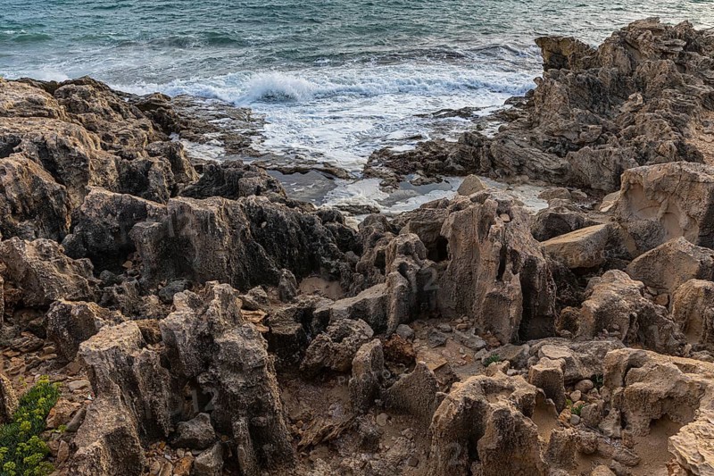Eroded rocks on the beach of Salines, Ibiza, Balearic Islands, Mediterranean Sea, Spain, Europe