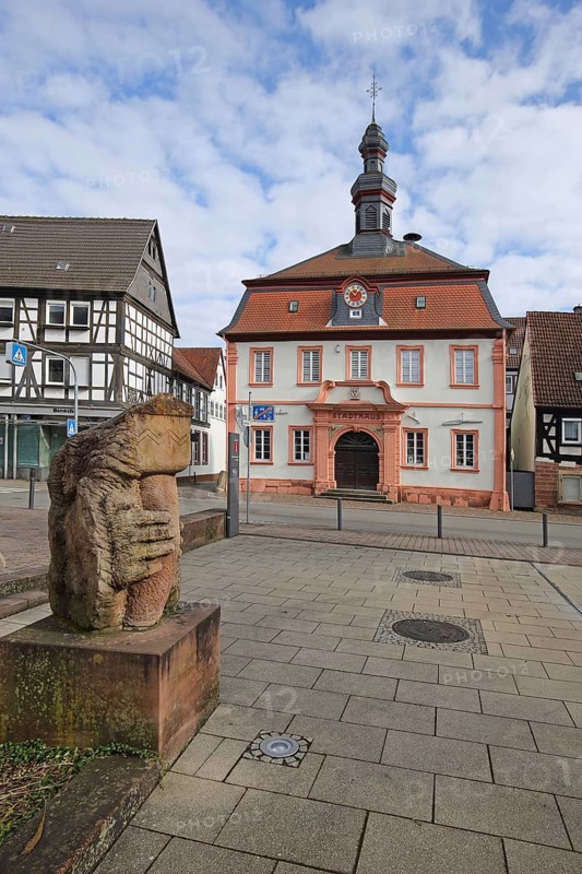 Old town hall built in 1578 and fountain, old town hall, Renaissance, spire, hipped roof, mansard roof, clock, Otterberg, Palatinate Forest, Rhineland-Palatinate, Germany, Europe