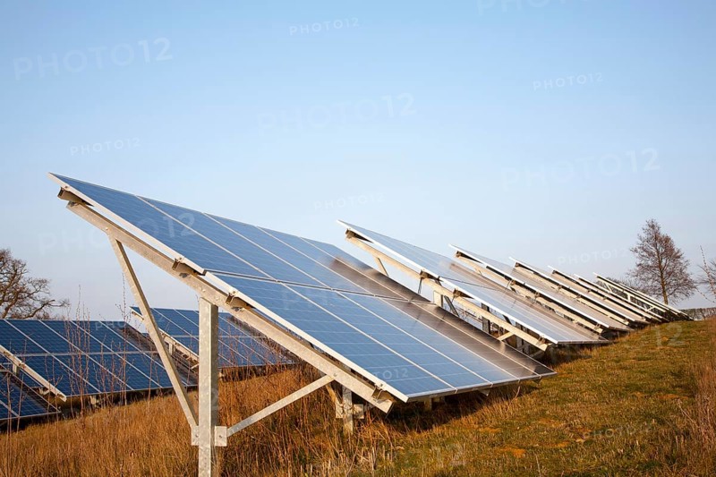 Solar array of photovoltaic panels in countryside at Bromeswell, Suffolk, England, United Kingdom, Europe