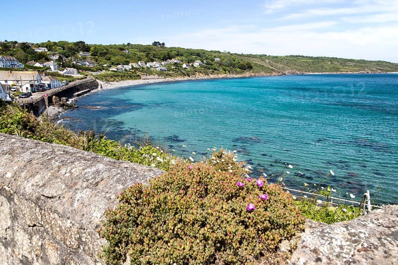Coastal landscape bay and village houses, Coverack, Lizard Peninsula, Cornwall, England, UK