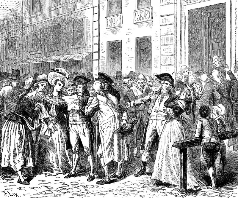 Fever of the revolution in the Rhineland, mistrust, revolt, uprising, crowd, street scene, news read out, horror, Prussia, historical illustration 1882