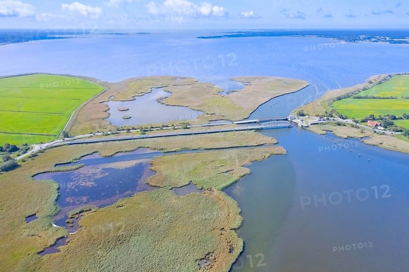Aerial view over Meiningen Bridge, Meiningenbrücke connecting the Fischland-Darß-Zingst peninsula to the mainland, Mecklenburg-Vorpommern, Germany, Europe