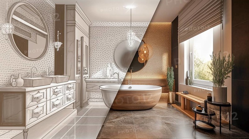 Custom bathroom upgrade interior concept drawing before and after completed construction, generative AI, AI generated