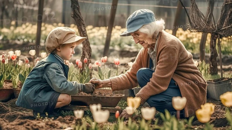 Elderly grandmother planting some spring plants with her granddaughter in the garden, generative AI, AI generated