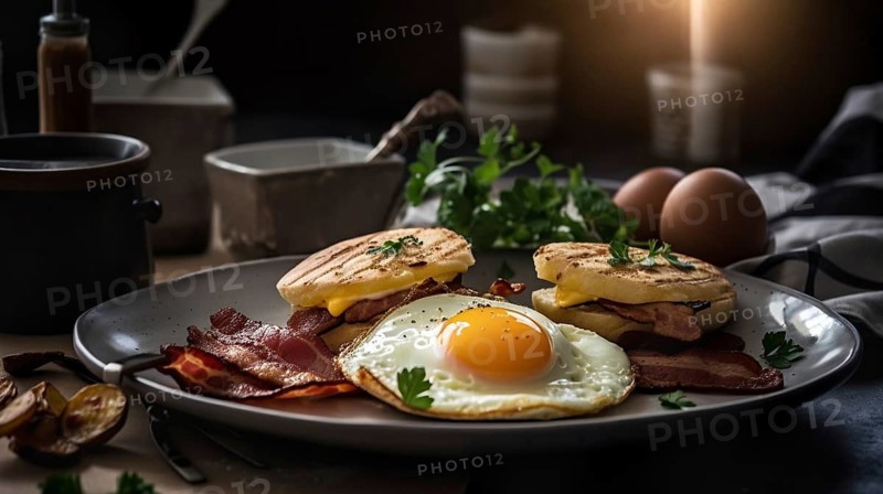Delicious fresh eggs and bacon breakast plate on table, generative AI, AI generated