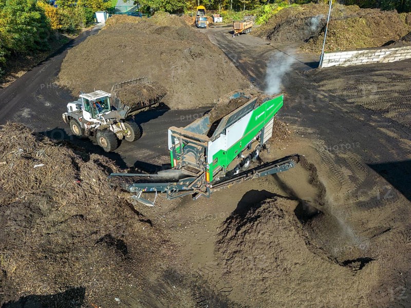 Composting plant, organic waste is composted, sorted by size, smaller parts are reused as compost, coarser parts are burnt in a biomass power plant and converted into electricity, Coesfeld, North Rhine-Westphalia, Germany, Europe