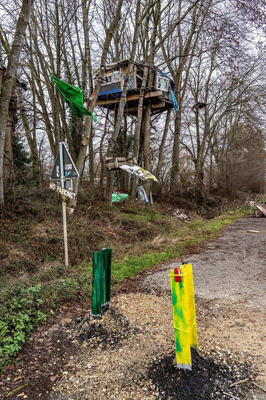 Barricades, obstacles, in the camp of climate activists in the rest of the village of Lützerath, which is the last place to be excavated at the Garzweiler 2 open-cast lignite mine, North Rhine-Westphalia, Germany, Europe
