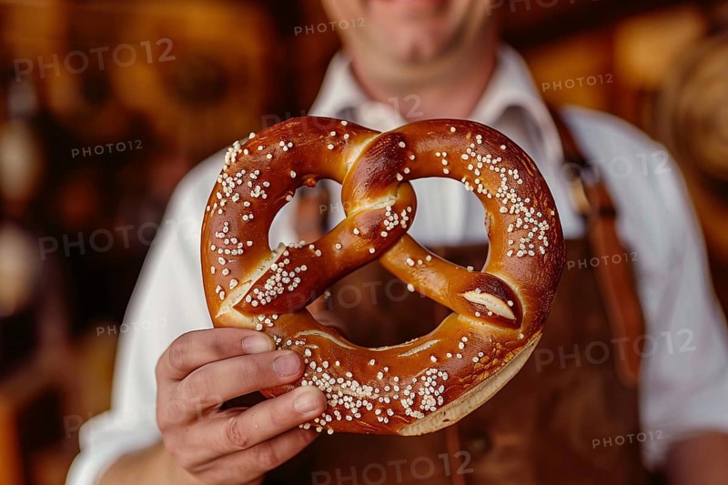 Close up of large German pretzel held by hands of man in traditional Bavarian attire. Generative AI, AI generated