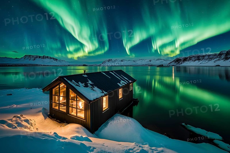 Aurora borealis illuminating snow covered fjord landscape with a wooden cabin in vibrant hues, AI generated