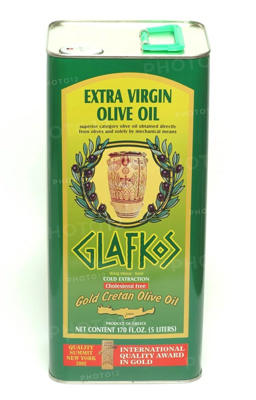 Olive oil from Crete, labelled on a commercial canister