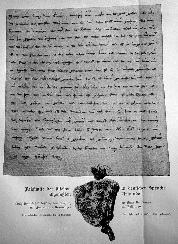 Facsimile of the oldest document written in German, King Konrad IV confirms the settlement of the town of Kaufbeuren with Folcmar von Kemenathen, 25 July 1240, Historical, digital reproduction of an original from the 19th century