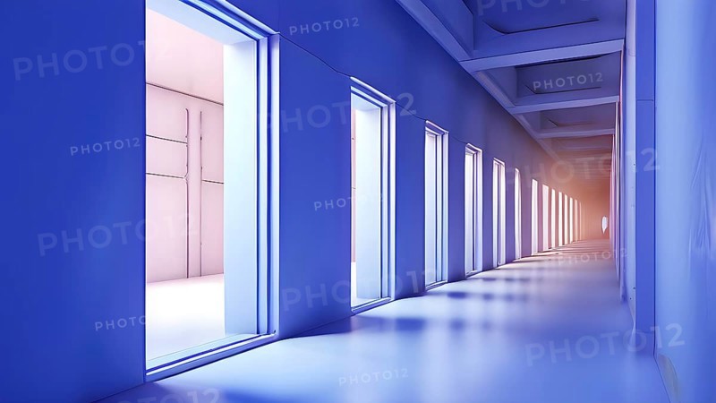 Windows aligned within an elongated tunnel permeated with gradients of light blue hues, AI generated