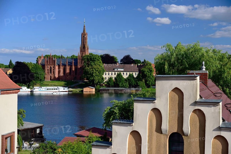 Europe, Germany, Mecklenburg-Western Pomerania, island town Malchow, view to the cultural centre Kloster Malchow, monastery complex from the 13th century with neo-Gothic church from the 19th century, Malchow, Mecklenburg-Western Pomerania, Germany, Europe