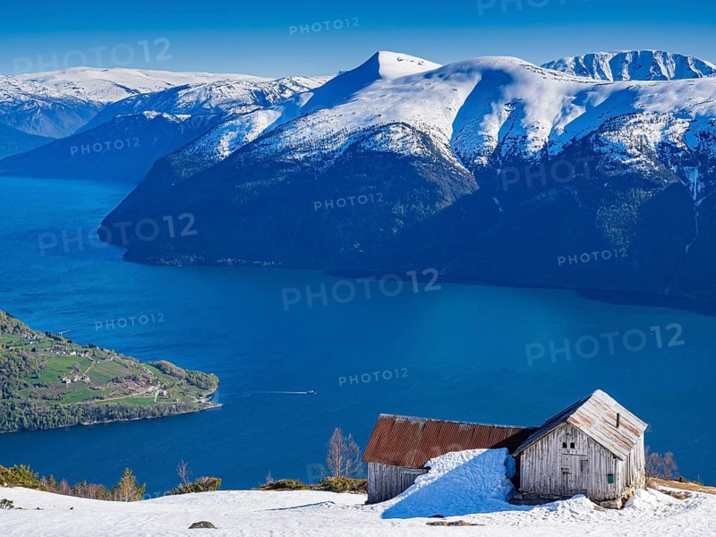 View from Mt. Molden, over the Lustrafjord, inner branch of Sognefjord, tongue of land of Urnes, Norway, Europe