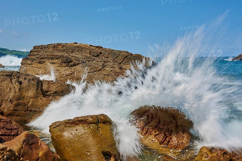 Atlantic coastline on a sunny day in summer on the way to Zarautz at the Camino del Norte, coastal path, Way of St. James, Camino de Santiago trail, atlantic ocean, Basque country, Spain, Europe