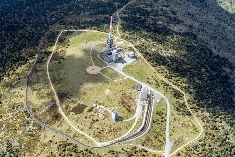Aerial photo, Brocken, summit, railway, railway line, Brockenbahn, mast, forest damage, Saxony-Anhalt, Germany, Europe