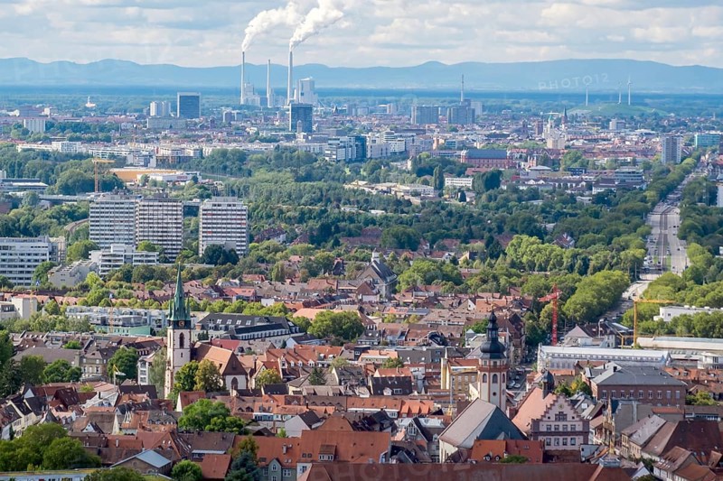 View of Karlsruhe from the Turmberg, Durlach district in front, industry at the Rhine harbour behind, Palatinate Forest in the far background, Karlsruhe, Baden-Württemberg, Germany, Europe