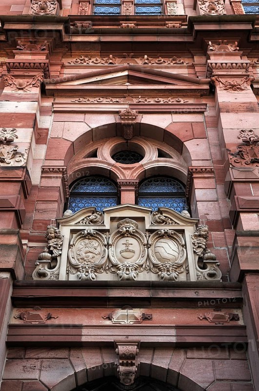 Electoral coat of arms above the entrance gate from the valley side to the castle ruins, destroyed in 1689, castle courtyard, Heidelberg, Baden-Württemberg, Germany, Europe