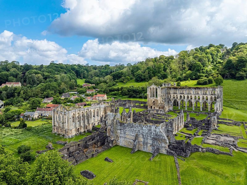 Rievaulx Abbey from a drone, North York Moors National Park, North Yorkshire, England, United Kingdom, Europe