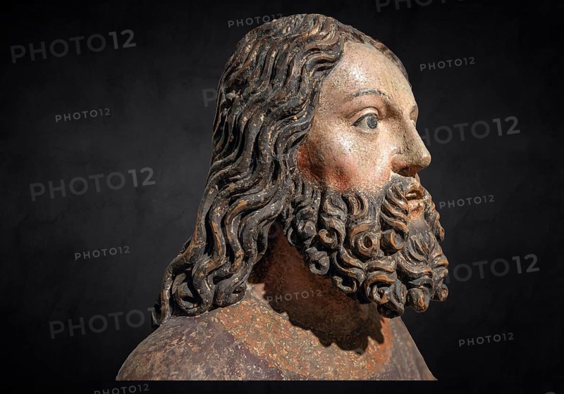 Head of Jesus, around 1470, on a dark background, only the body of Jesus remains of the palm donkey, Strigel Museum, Martin-Luther-Platz 1, Memmingen, Swabia, Bavaria