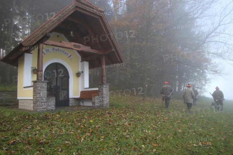 Hunters, in light autumn fog, pass Hubertus Chapel to hunt hares (Lepus europaeus) Lower Austria, Austria, Europe