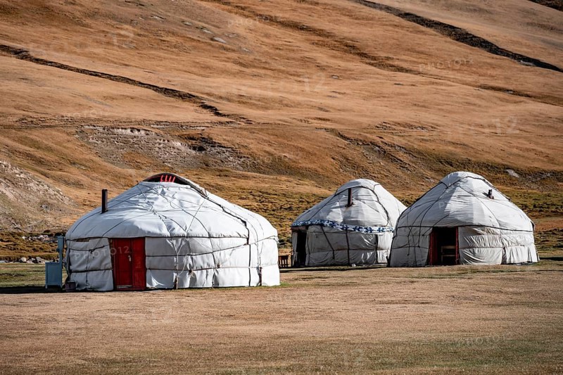 Yurts with yellow hills, Atbashy district in the Naryn region, Kyrgyzstan, Asia