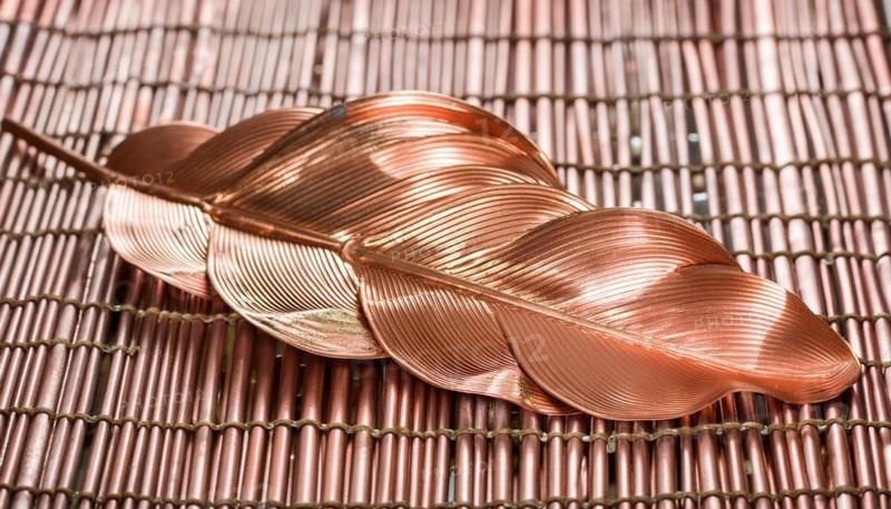 Metal, copper, arts and crafts, piece of jewellery in leaf shape made of copper