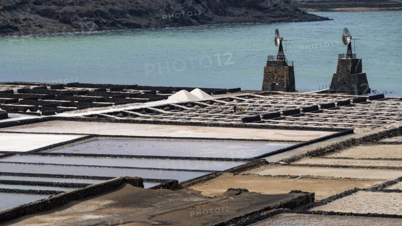 Sea salt extraction, Janubio salt works, Salinas de Janubio, Lanzarote, Canary Islands, Spain, Europe