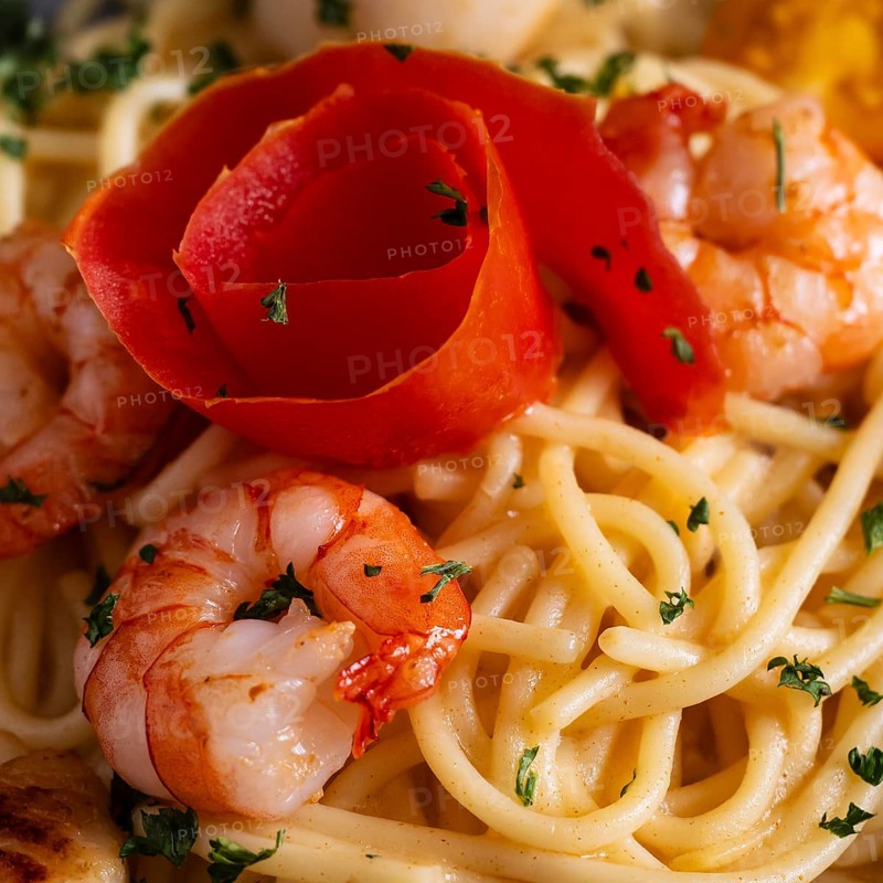 Spaghetti with scallops and prawns