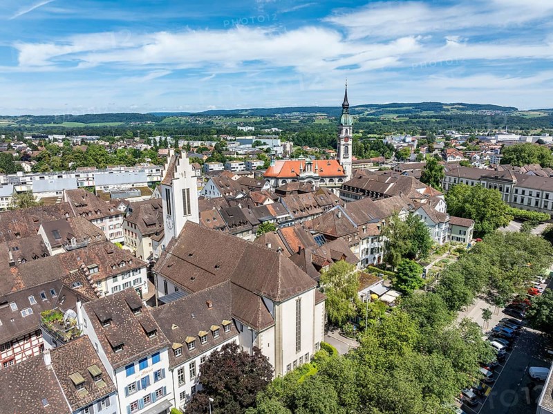 Aerial view, townscape, town centre, old town of Frauenfeld, left the protestant town church, right the catholic town church St. Nikolaus, neo-baroque sacral architecture, canton Thurgau, Switzerland, Europe