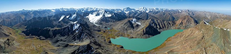 Mountain panorama, aerial view, 4000 metre peak with glacier, mountain pass and mountain lake Ala-Kul Lake, Tien Shan, Kyrgyzstan, Asia