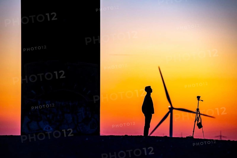 Sculpture by Richard Serra, Bramme for the Ruhr area on the Schurenbach spoil tip, photographer, selfie, wind turbine, in Essen, Germany, Europe