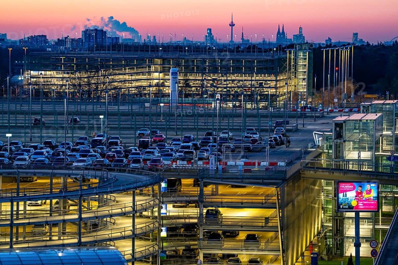 Cologne-Bonn Airport car park, Cologne city centre skyline, Cologne Cathedral, North Rhine-Westphalia, Germany, Europe