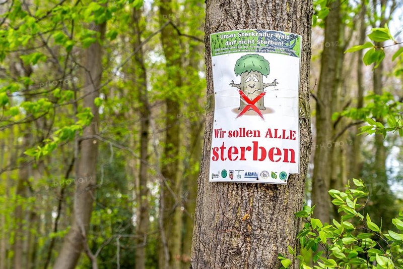 Protest posters, the Sterkrader Wald in Oberhausen, at the Oberhausen motorway junction, where the A2/A3A/A516 meet, it is to be expanded, 11 hectares of forest, around 5, 000 trees are to be felled for this, strong resistance to the plans has formed in the region, #Sterkibleibt, North Rhine-Westphalia, Germany, Europe