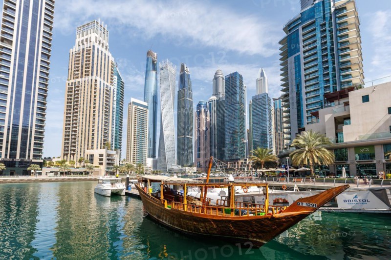 Dubai Marina skyline skyscrapers waterfront buildings in Dubai, United Arab Emirates, Asia