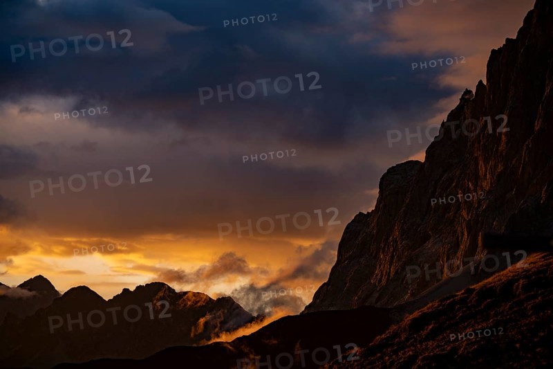 Montafon mountains with dramatic cloudy sky at sunset, Tschagguns, Rätikon, Montafon, Vorarlberg, Austria, Europe