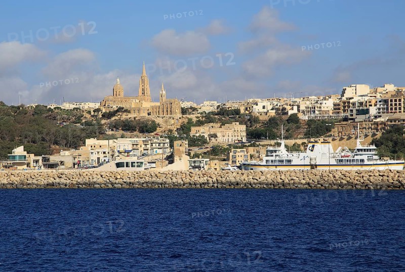 View from Gozo Channel Line ferry ship approaching port of Mgarr, Gozo, Malta, Europe
