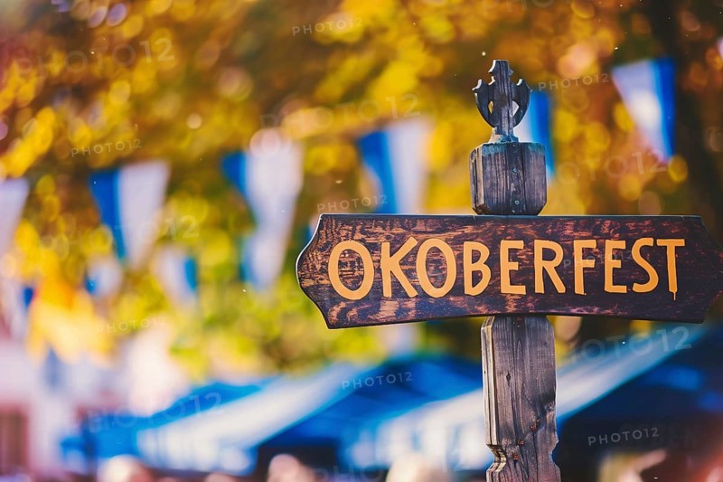 Sign with text 'Oktoberfest' at entry of traditional Bavarian German festival. Generative AI, AI generated