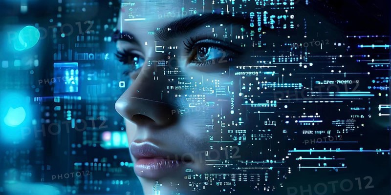 3d digital facial recognition displaying a female face with overlaid ai biometric data, AI generated