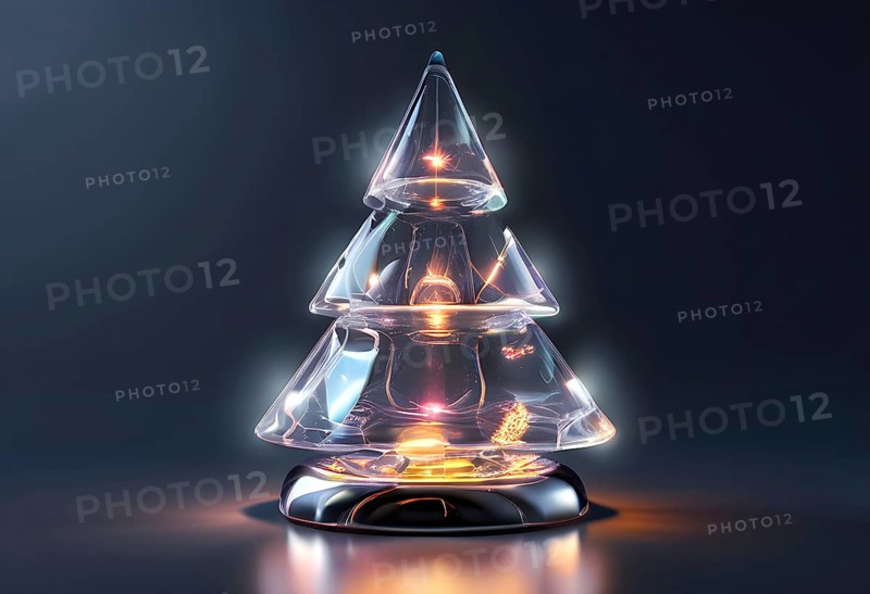 A three dimensional rendering of a futuristic Christmas tree made of glowing, semi-transparent glass, AI generated