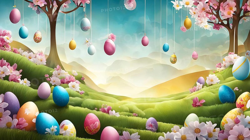 Surreal Easter scene with floating eggs, ribbons, and flowers in a dreamlike, whimsical composition of light and shadow, AI generated