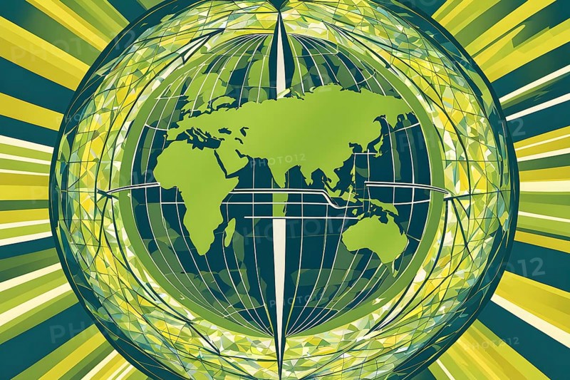 Illustration of a globe composed of triangular solar panels and swirling wind patterns, symbolizing global renewable energy, AI generated
