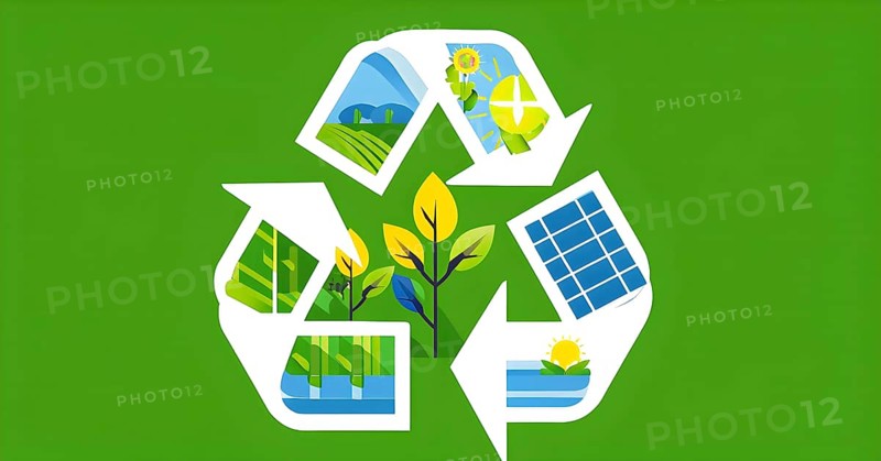 Recycling symbol morphing into growing plants and solar cells to symbolize the transformation of waste into renewable resources, AI generated