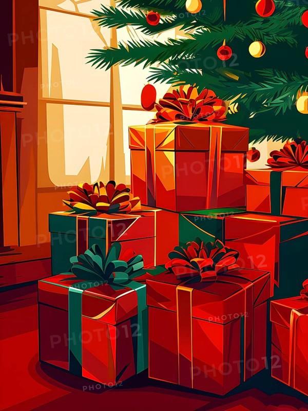 Abstract illustration of wrapped Christmas gifts, shiny ribbons and bows, stacked under a evergreen tree in a cozy living room, AI generated
