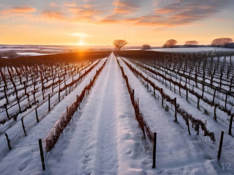 AI generated aerial view of winter in the vineyard with snow blankets dormant vines and ambient light