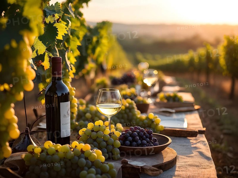 AI generated wine tasting table setup with wine and vine grapes nestled subtly amidst a thriving vineyard bathed in golden hour light