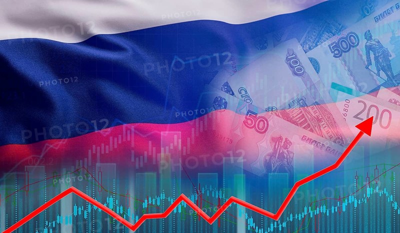 Russia financial growth concept, economic recovery. Growth of the Russian economy on the financial graph
