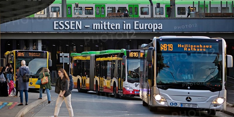 Essen public transport buses at Essen central station with local train, public transport, Deutschlandticket, Essen, Ruhr area, North Rhine-Westphalia, Germany, Europe